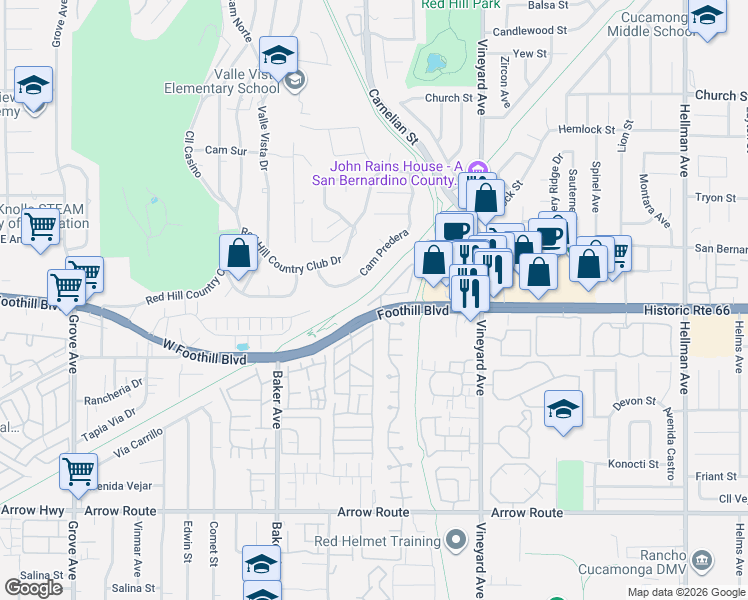 map of restaurants, bars, coffee shops, grocery stores, and more near 8733 Olive Tree Drive in Rancho Cucamonga