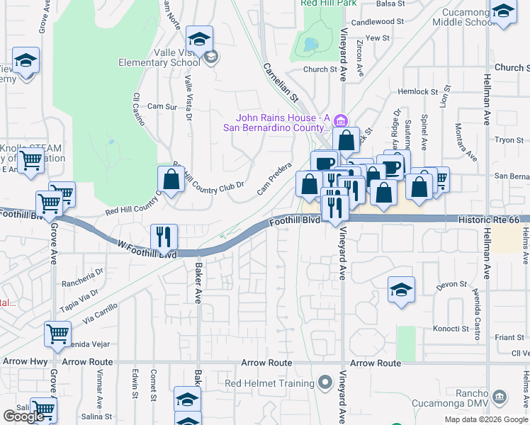 map of restaurants, bars, coffee shops, grocery stores, and more near 8086 Cresta Bella Road in Rancho Cucamonga