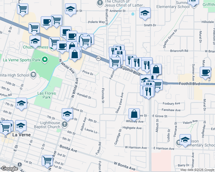 map of restaurants, bars, coffee shops, grocery stores, and more near 3242 Falcon Street in Pomona