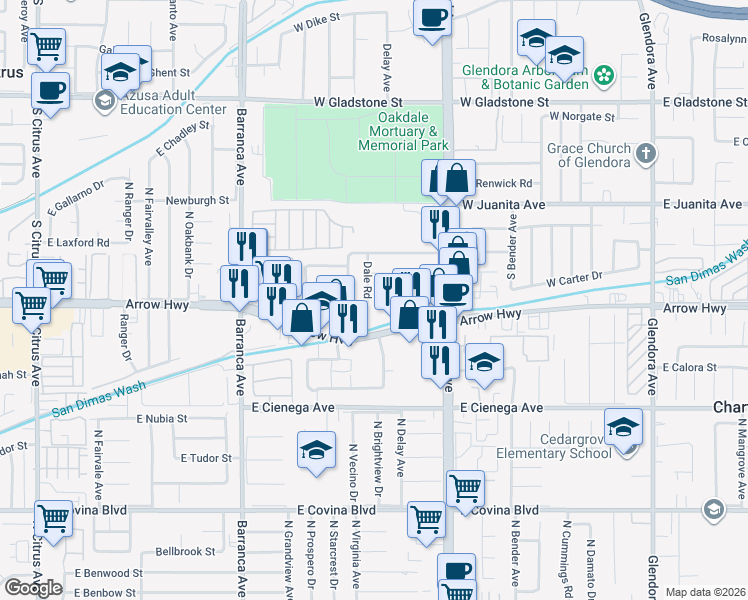 map of restaurants, bars, coffee shops, grocery stores, and more near 1758 Dale Road in Glendora
