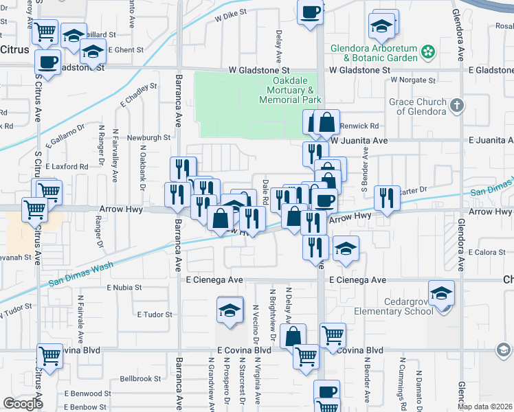 map of restaurants, bars, coffee shops, grocery stores, and more near 1758 Dale Road in Glendora