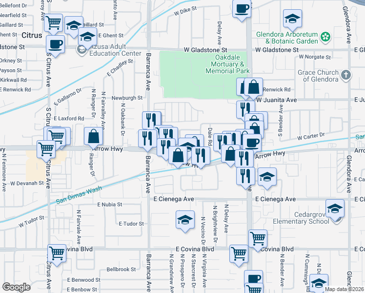 map of restaurants, bars, coffee shops, grocery stores, and more near 1751 South Prospero Drive in Glendora