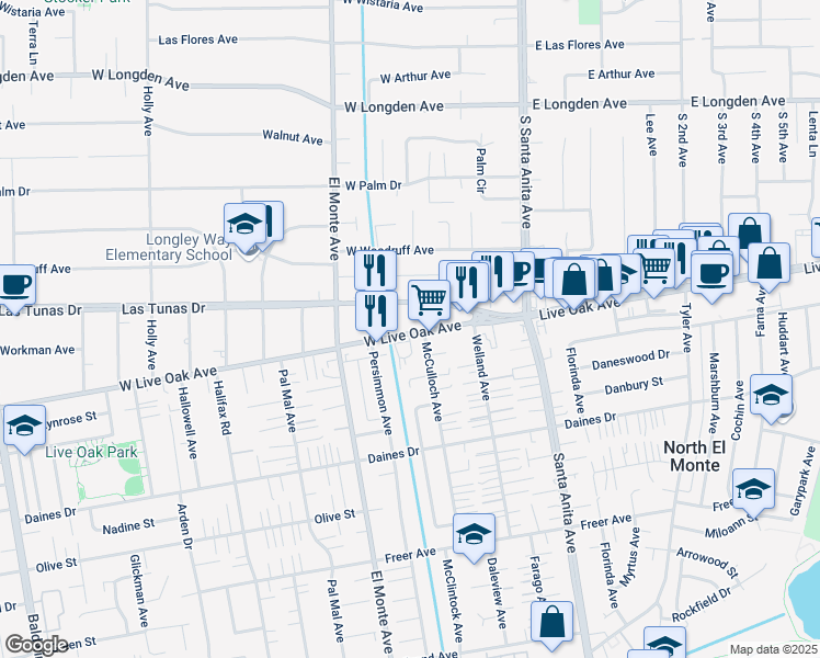 map of restaurants, bars, coffee shops, grocery stores, and more near 119 West Live Oak Avenue in Arcadia