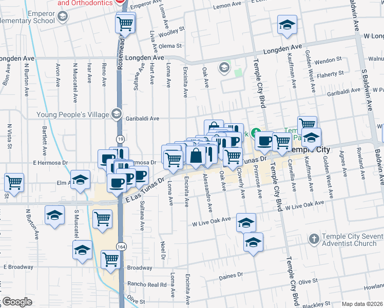 map of restaurants, bars, coffee shops, grocery stores, and more near 5942 Encinita Avenue in Temple City