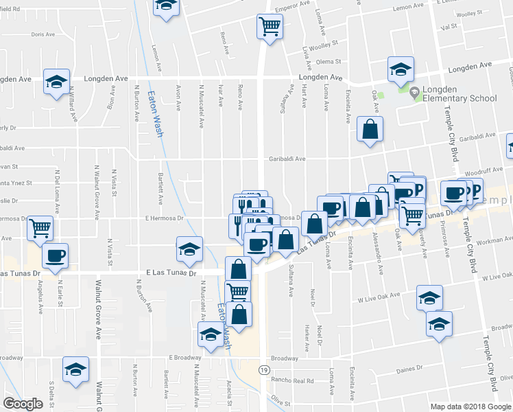map of restaurants, bars, coffee shops, grocery stores, and more near 5923 Rosemead Boulevard in Temple City