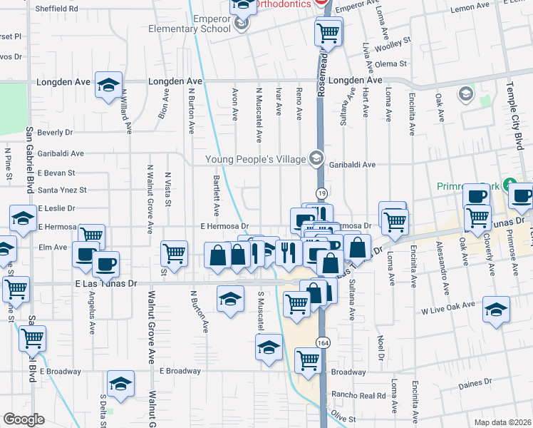 map of restaurants, bars, coffee shops, grocery stores, and more near 5922 North Muscatel Avenue in San Gabriel