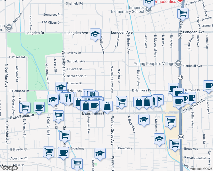 map of restaurants, bars, coffee shops, grocery stores, and more near 5918 North Willard Avenue in San Gabriel