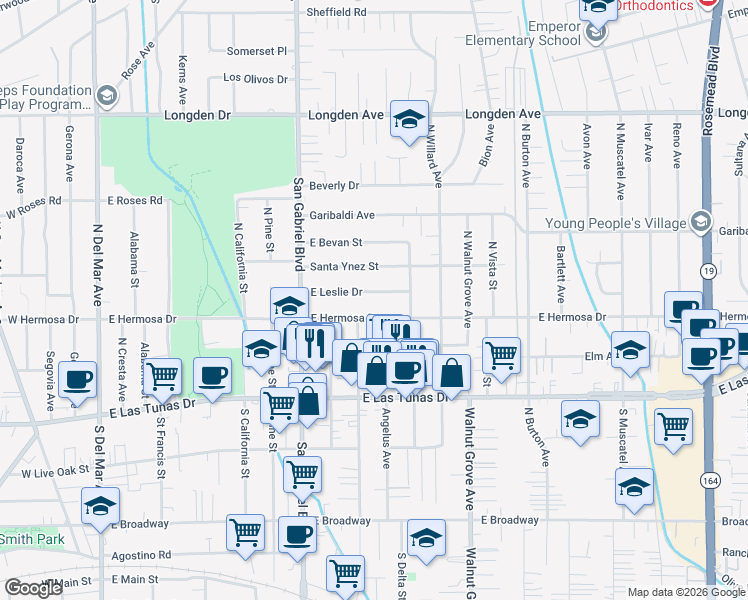 map of restaurants, bars, coffee shops, grocery stores, and more near 930 East Leslie Drive in San Gabriel