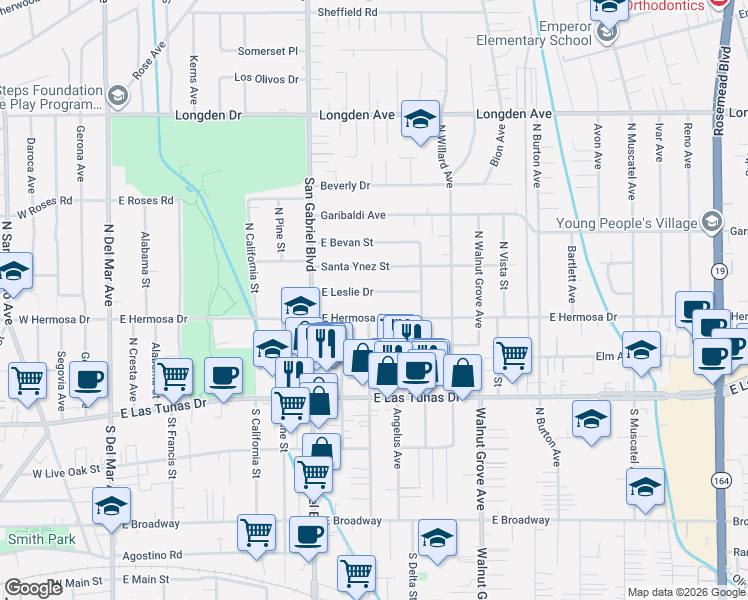 map of restaurants, bars, coffee shops, grocery stores, and more near 854 East Leslie Drive in San Gabriel