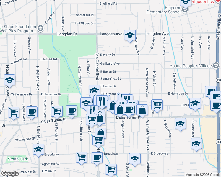 map of restaurants, bars, coffee shops, grocery stores, and more near 854 East Leslie Drive in San Gabriel