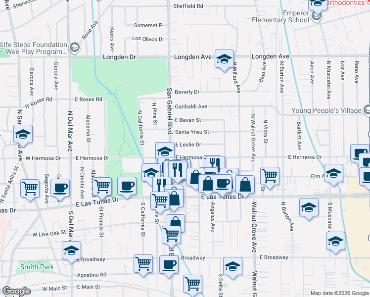 map of restaurants, bars, coffee shops, grocery stores, and more near 812 East Leslie Drive in San Gabriel