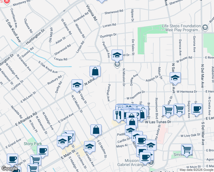 map of restaurants, bars, coffee shops, grocery stores, and more near 914 West Sycamore Drive in San Gabriel