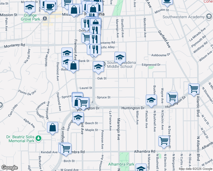 map of restaurants, bars, coffee shops, grocery stores, and more near 1628 Laurel Street in South Pasadena