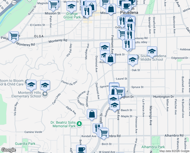 map of restaurants, bars, coffee shops, grocery stores, and more near 1551 Diamond Avenue in South Pasadena