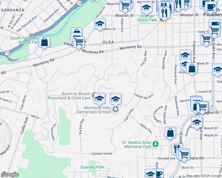 map of restaurants, bars, coffee shops, grocery stores, and more near 1520 Indiana Avenue in South Pasadena