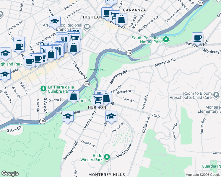 map of restaurants, bars, coffee shops, grocery stores, and more near 6117 Monterey Road in Los Angeles