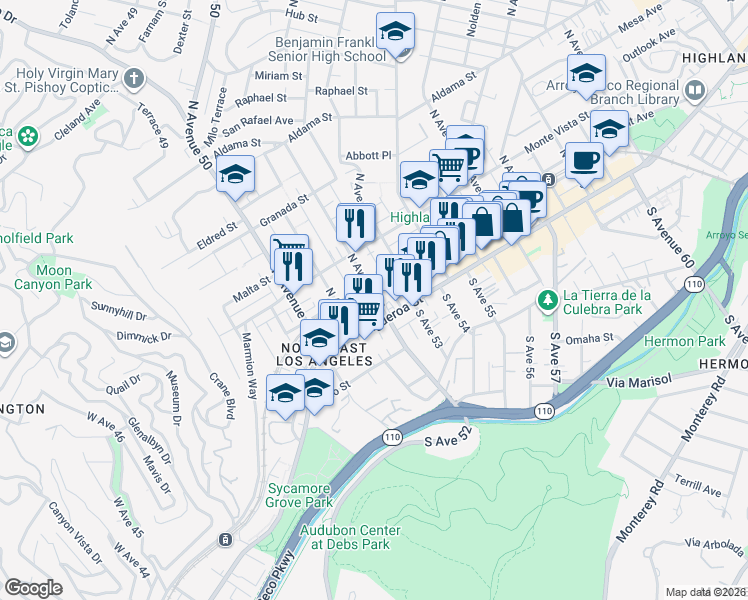 map of restaurants, bars, coffee shops, grocery stores, and more near 105 North Avenue 52 in Los Angeles