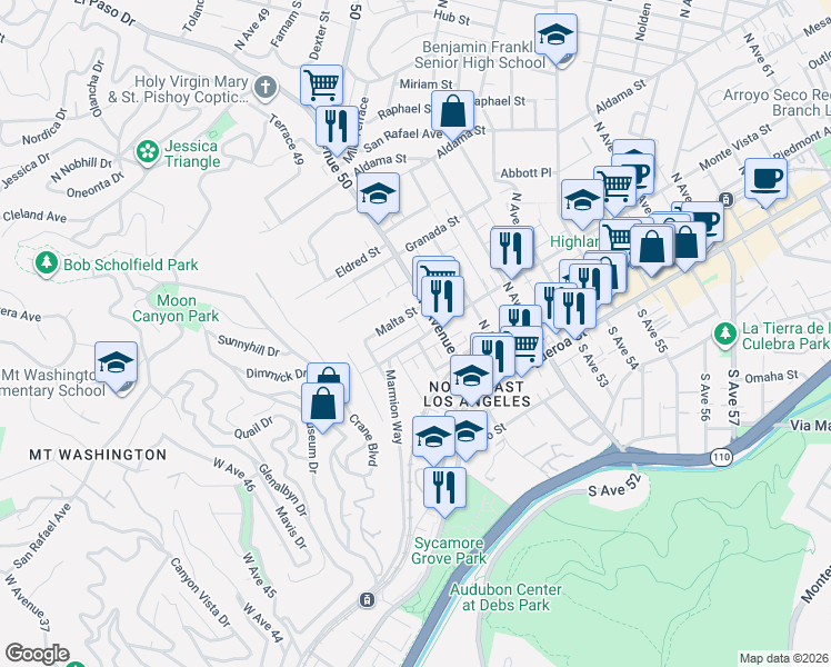 map of restaurants, bars, coffee shops, grocery stores, and more near 4941 Monte Vista Street in Los Angeles