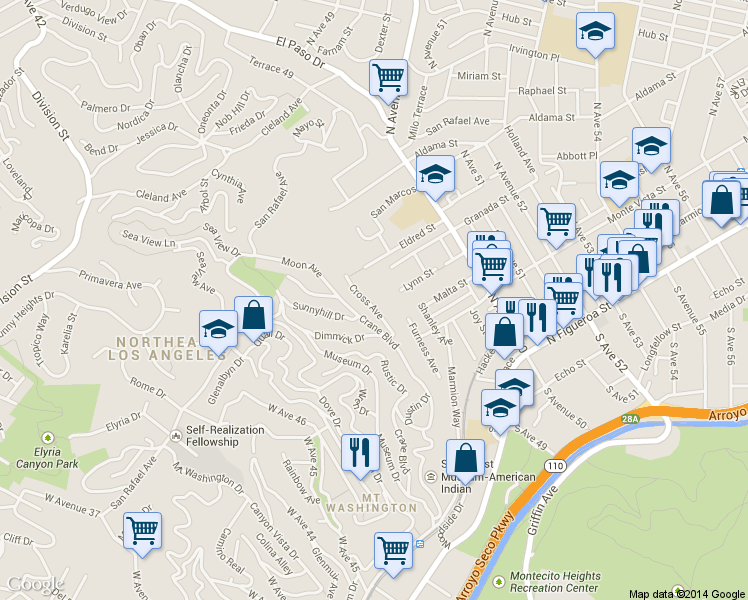 map of restaurants, bars, coffee shops, grocery stores, and more near 624 Cross Avenue in Los Angeles