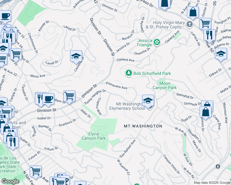 map of restaurants, bars, coffee shops, grocery stores, and more near 1787 Sunny Heights Drive in Los Angeles