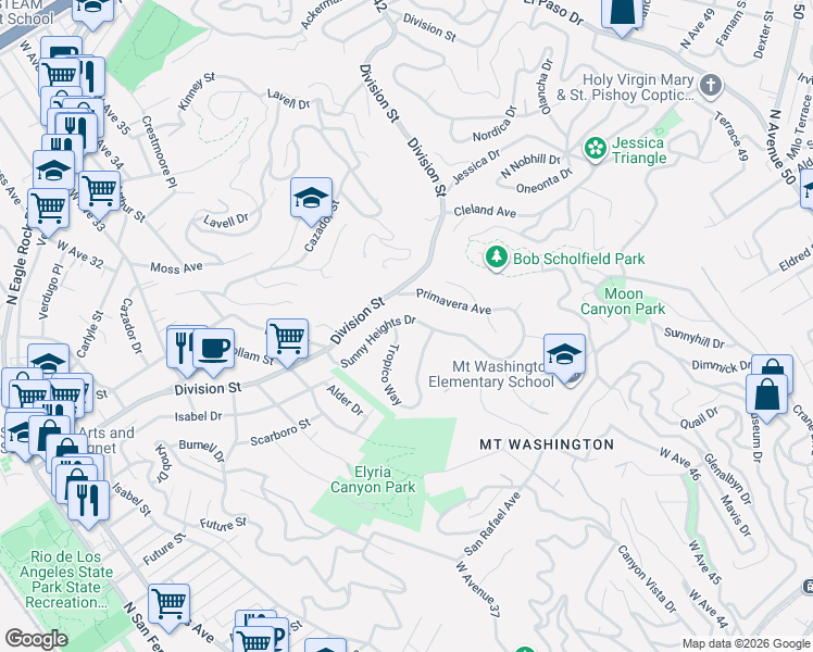 map of restaurants, bars, coffee shops, grocery stores, and more near 1834 Sunny Heights Drive in Los Angeles