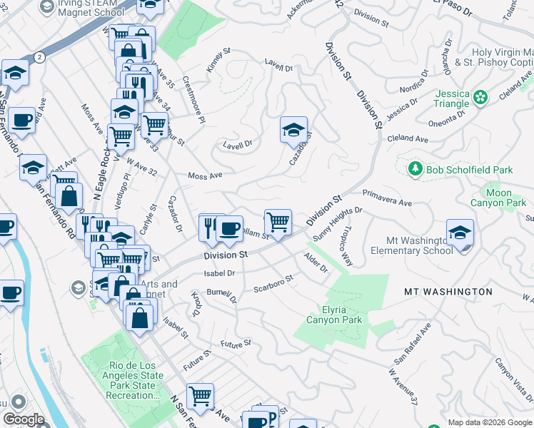 map of restaurants, bars, coffee shops, grocery stores, and more near 2127 Rome Drive in Los Angeles