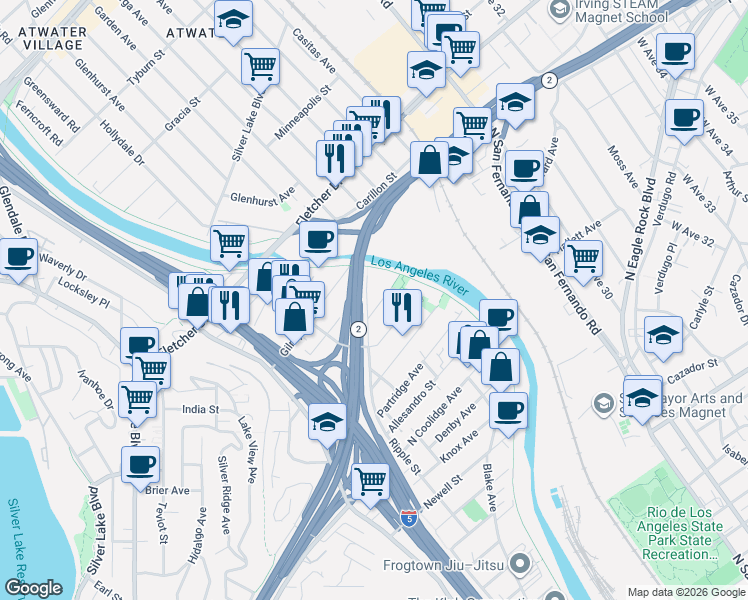map of restaurants, bars, coffee shops, grocery stores, and more near 2950 Ripple Place in Los Angeles