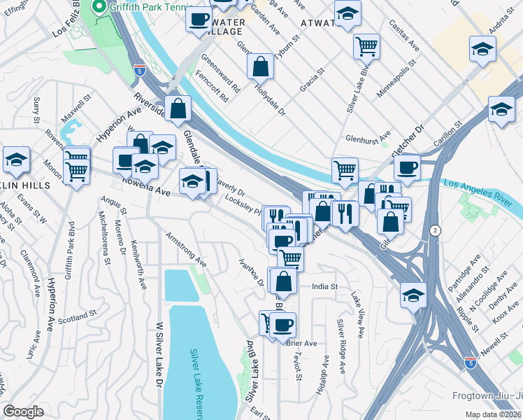 map of restaurants, bars, coffee shops, grocery stores, and more near 2658 Waverly Drive in Los Angeles