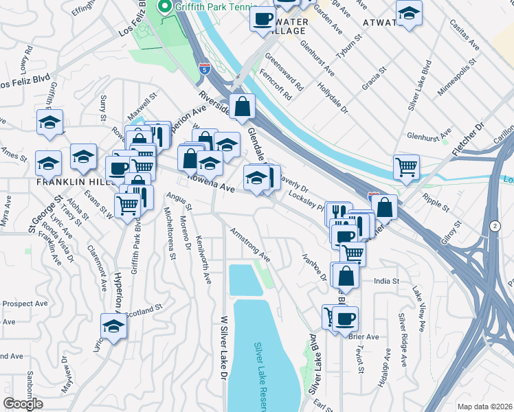 map of restaurants, bars, coffee shops, grocery stores, and more near 2755 Lakewood Avenue North in Los Angeles
