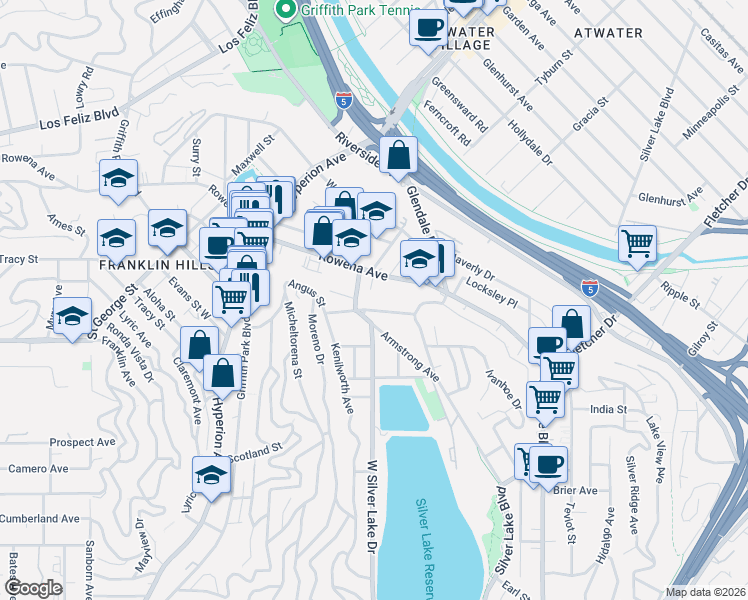 map of restaurants, bars, coffee shops, grocery stores, and more near 2751 Angus Street in Los Angeles