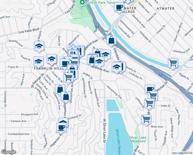 map of restaurants, bars, coffee shops, grocery stores, and more near 2817 West Silver Lake Drive in Los Angeles