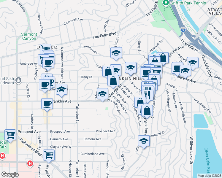 map of restaurants, bars, coffee shops, grocery stores, and more near 2509 Lyric Avenue in Los Angeles