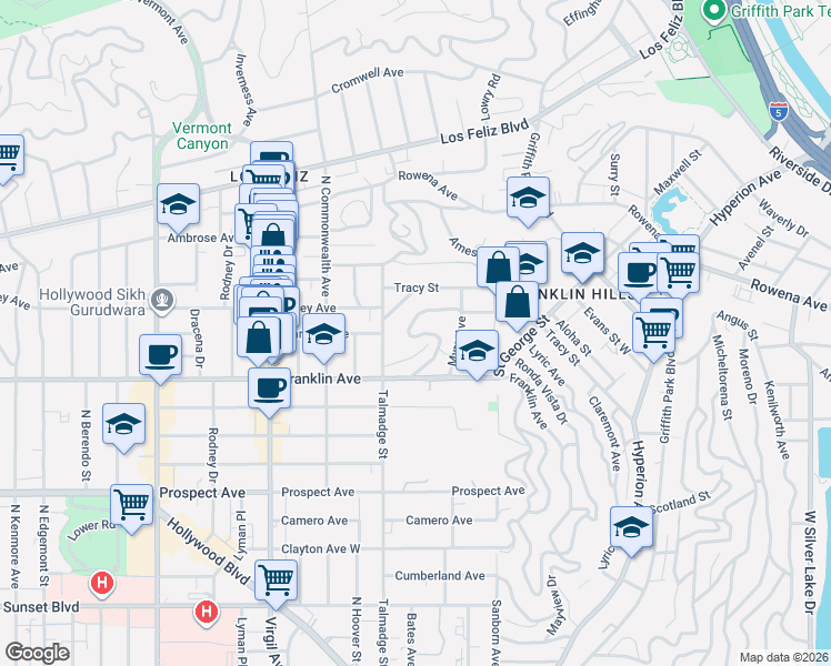 map of restaurants, bars, coffee shops, grocery stores, and more near 4175 Holly Knoll Drive in Los Angeles