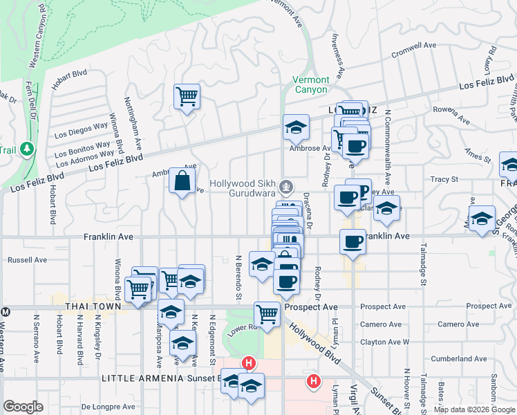 map of restaurants, bars, coffee shops, grocery stores, and more near 1953 North New Hampshire Avenue in Los Angeles