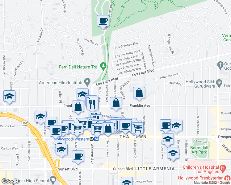 map of restaurants, bars, coffee shops, grocery stores, and more near 2007 North Hobart Boulevard in Los Angeles