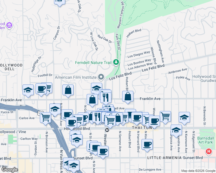 map of restaurants, bars, coffee shops, grocery stores, and more near 2002 North Western Avenue in Los Angeles
