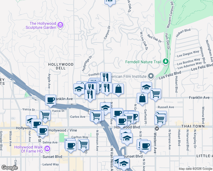 map of restaurants, bars, coffee shops, grocery stores, and more near 1952 Canyon Drive in Los Angeles