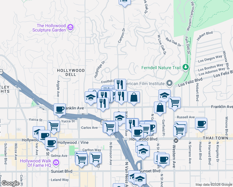 map of restaurants, bars, coffee shops, grocery stores, and more near 1952 Canyon Drive in Los Angeles