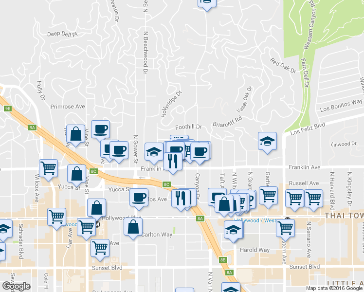 map of restaurants, bars, coffee shops, grocery stores, and more near 5918 Chula Vista Way in Los Angeles