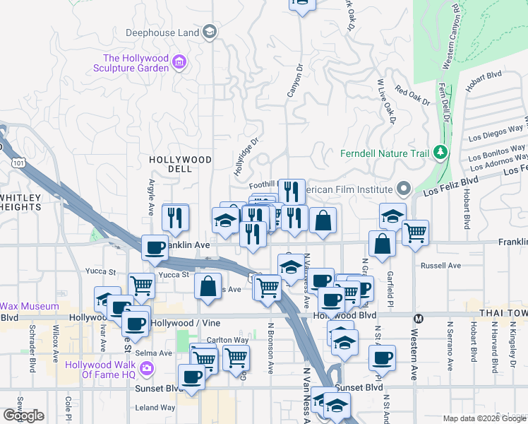 map of restaurants, bars, coffee shops, grocery stores, and more near 5918 Chula Vista Way in Los Angeles