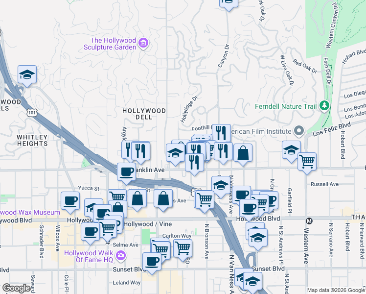 map of restaurants, bars, coffee shops, grocery stores, and more near in Los Angeles