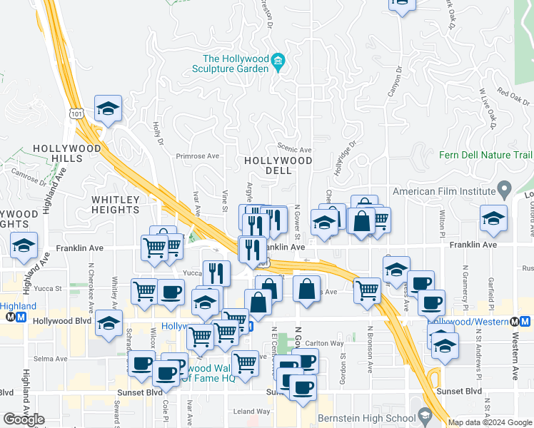 map of restaurants, bars, coffee shops, grocery stores, and more near 1957 Vista Del Mar Avenue in Los Angeles