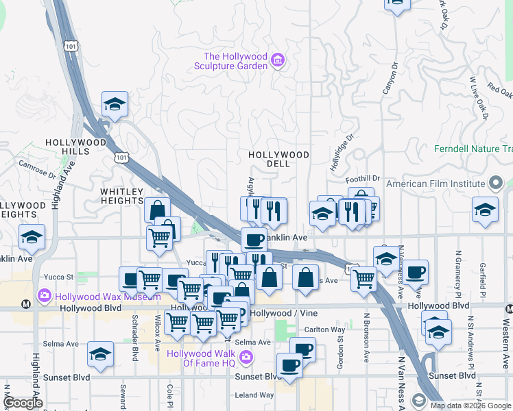 map of restaurants, bars, coffee shops, grocery stores, and more near 1957 Vista Del Mar Avenue in Los Angeles