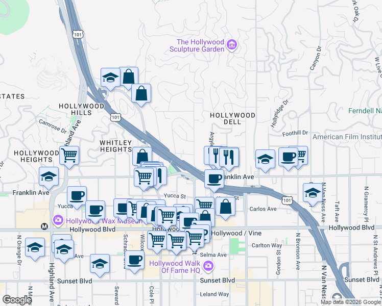 map of restaurants, bars, coffee shops, grocery stores, and more near 6323 Vedanta Terrace in Los Angeles
