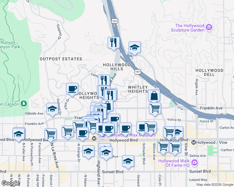 map of restaurants, bars, coffee shops, grocery stores, and more near 2010 North Highland Avenue in Los Angeles