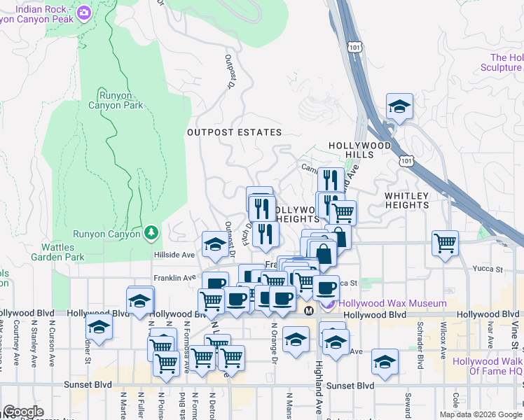 map of restaurants, bars, coffee shops, grocery stores, and more near 2015 North Sycamore Avenue in Los Angeles