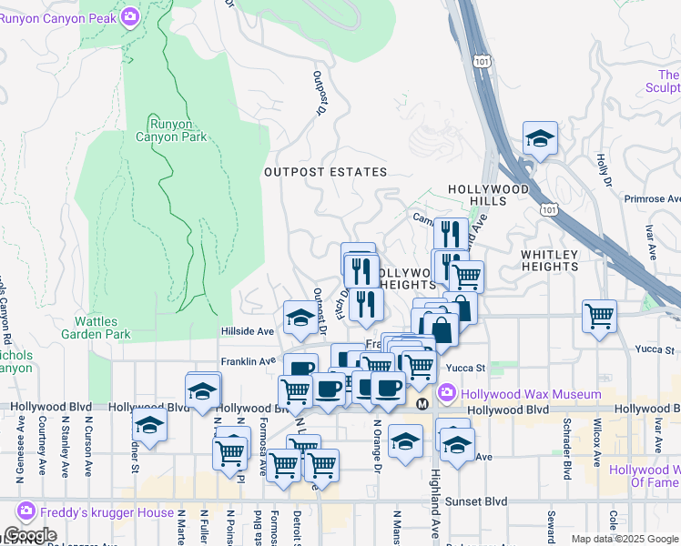 map of restaurants, bars, coffee shops, grocery stores, and more near 2015 North Sycamore Avenue in Los Angeles
