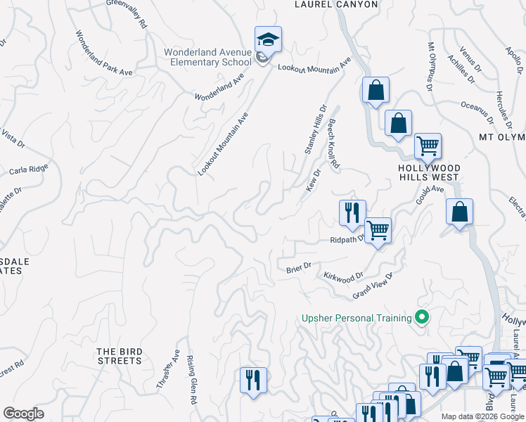 map of restaurants, bars, coffee shops, grocery stores, and more near 8561 Appian Way in Los Angeles