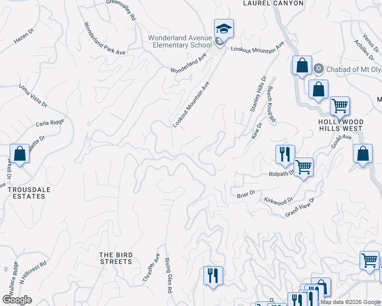 map of restaurants, bars, coffee shops, grocery stores, and more near 8675 Appian Way in Los Angeles