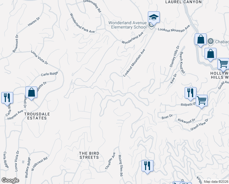 map of restaurants, bars, coffee shops, grocery stores, and more near 8883 Lookout Mountain Avenue in Los Angeles